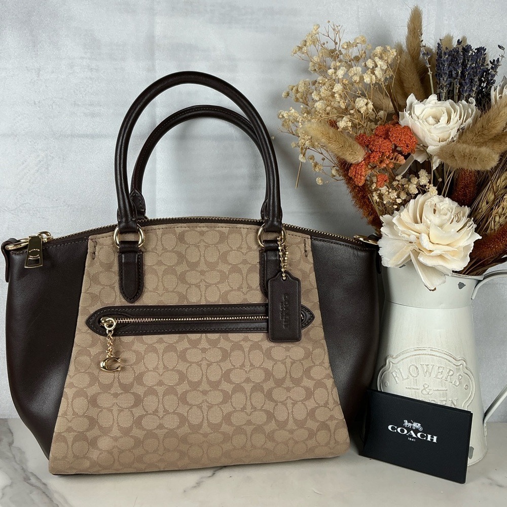 Coach Elise hand Crossbody Bag Brown Tan Signature Jacquard Satchel Fall Purse - Picture 2 of 10